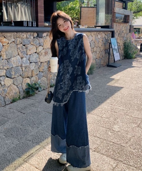 Aelina セットアップ ノースリーブデニムトップス+パッチワークデニム
