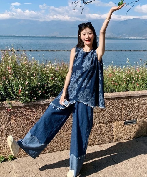 Aelina セットアップ ノースリーブデニムトップス+パッチワークデニム