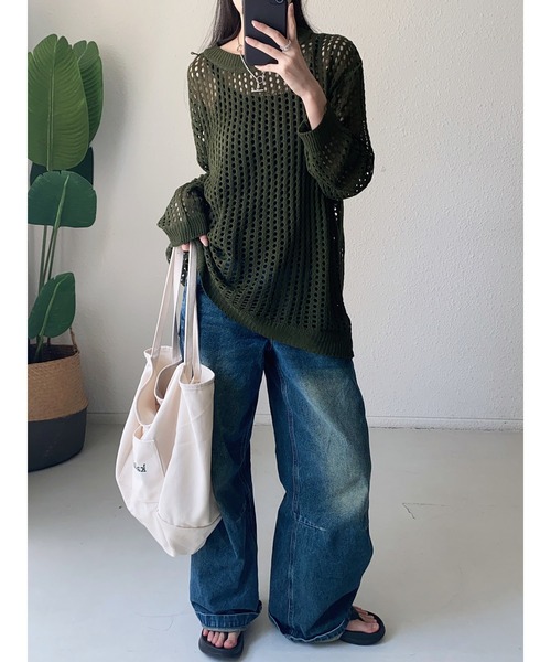 ニット セーター ストライプ メタリックニット セーター レディース MAISON DE THERESE ニット セーター 透け感 クルーネック