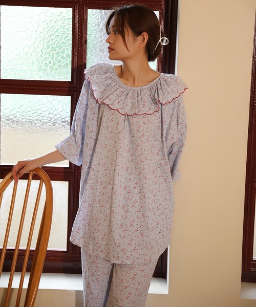 aimoha パジャマ ルームウェア レトロ小花柄パジャマ上下セット