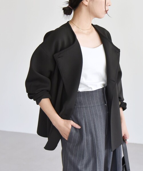 【新品】［quaranciel］ニットノーカラーダブルジャケットカーディガン SHIPS｜quaranciel:<手洗い可能>ニット ノーカラー ダブル