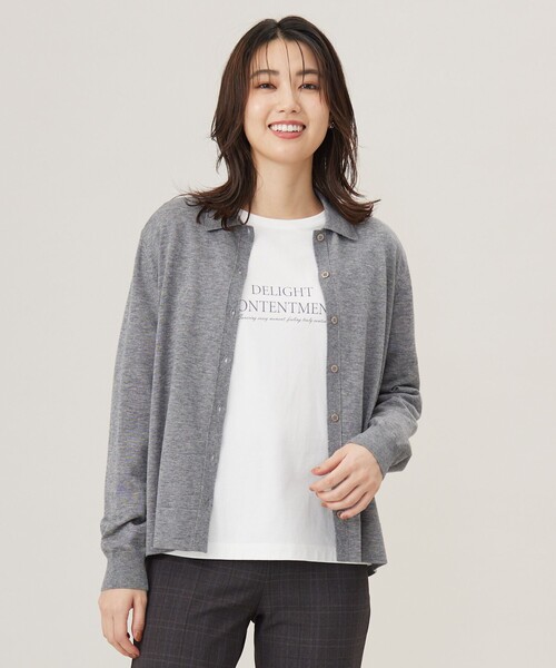 カーディガン 「洗える」WORSTED WOOL BLEND ポロ襟付き カーディガン レディース