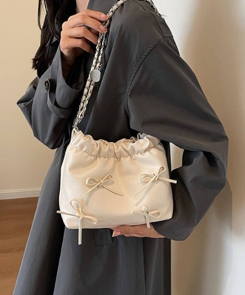 リボン 結び チェーン ショルダーバッグ (2color) BJH084 L LABEL ショルダーバッグ バッグ リボン付チェーンショルダー