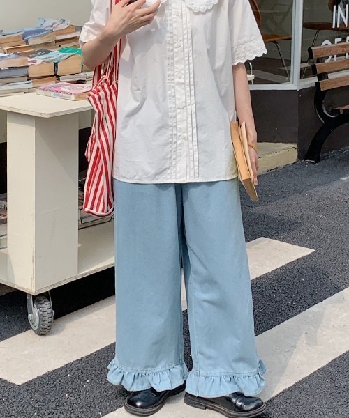 【美品】unminou ウエストフリルデニムパンツ　グレー　完売品 LACーVERT ジーンズ デニム デニムパンツ 裾フリルデニム