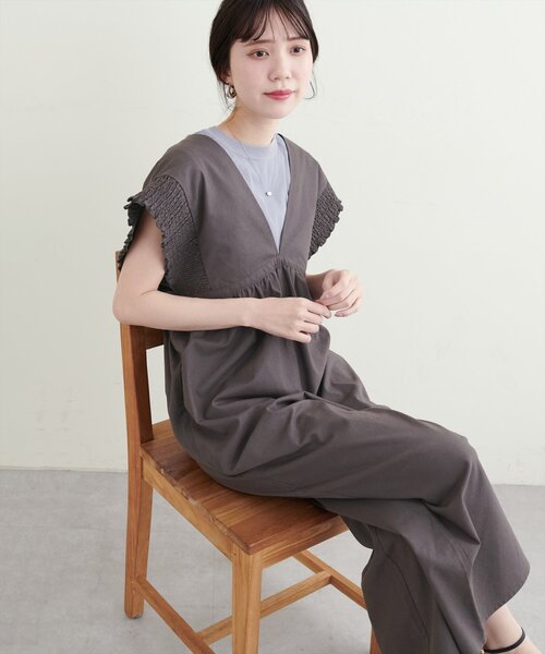 natural couture パンツ 綿麻シャーリング袖サロペ レディース 