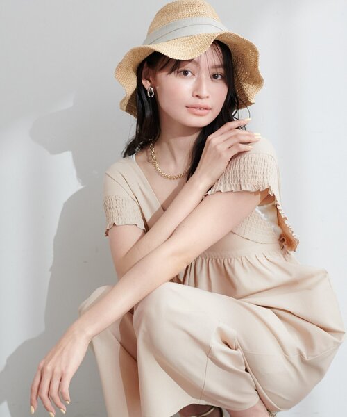 natural couture パンツ 綿麻シャーリング袖サロペ レディース 