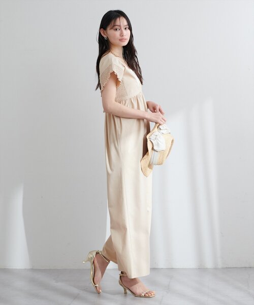 natural couture パンツ 綿麻シャーリング袖サロペ レディース 