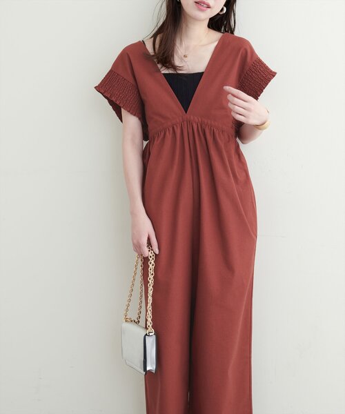 natural couture パンツ 綿麻シャーリング袖サロペ レディース 