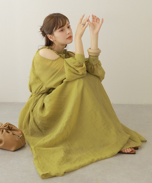 ワンピース open shoulder gather long dress /オープンショルダー