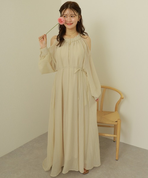 ワンピース open shoulder gather long dress /オープンショルダー