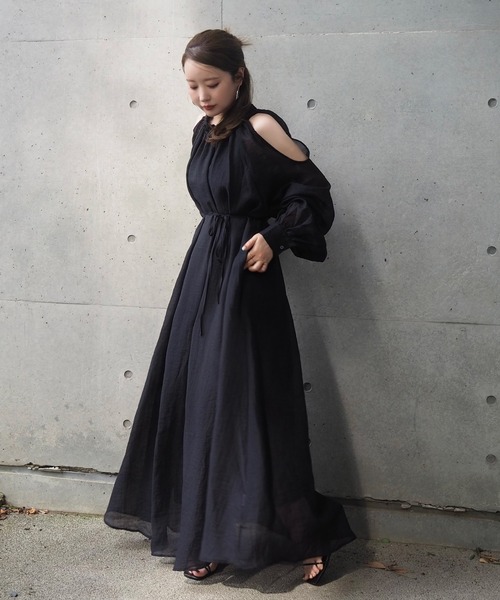 ワンピース open shoulder gather long dress /オープンショルダー