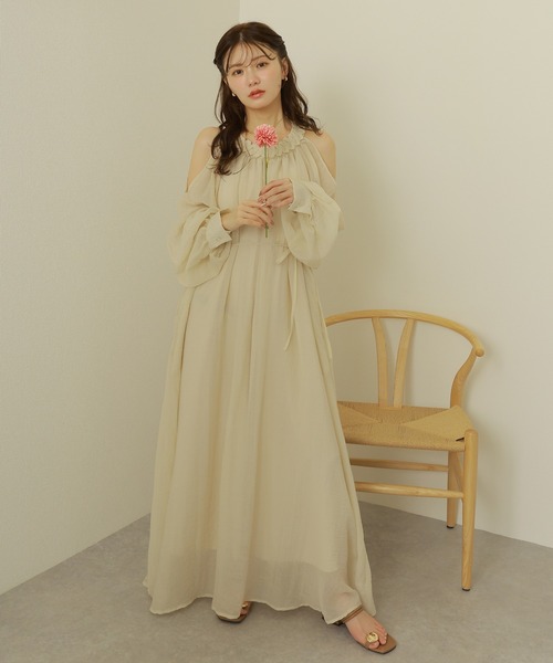 ワンピース open shoulder gather long dress /オープンショルダー