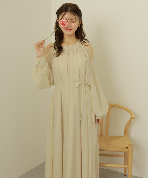 ワンピース open shoulder gather long dress /オープンショルダー