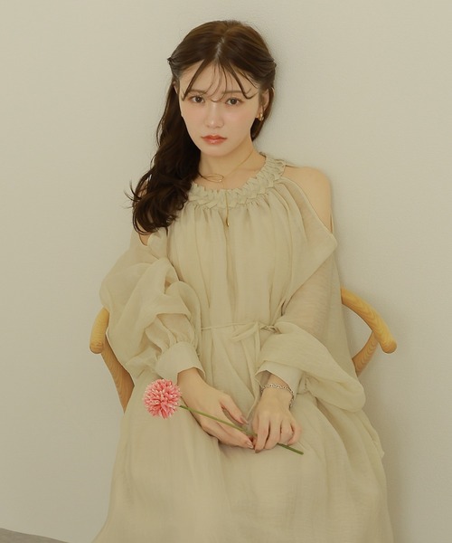 ワンピース open shoulder gather long dress /オープンショルダー