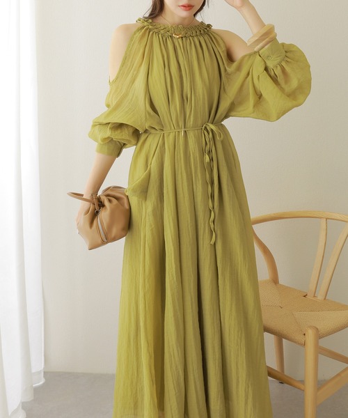 ワンピース open shoulder gather long dress /オープンショルダー