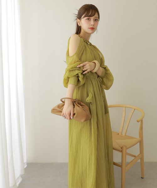 ワンピース open shoulder gather long dress /オープンショルダー