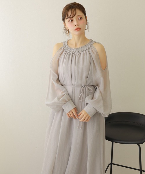 ワンピース open shoulder gather long dress /オープンショルダー