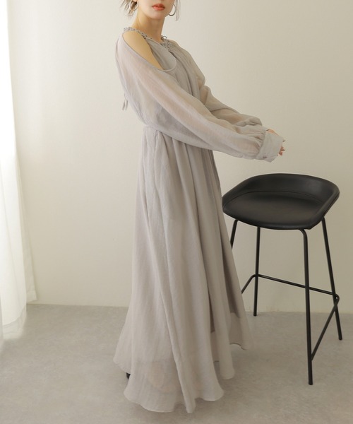 ワンピース open shoulder gather long dress /オープンショルダー