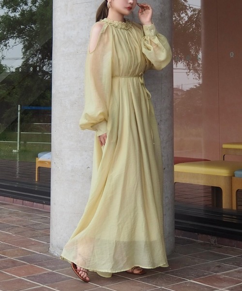 ワンピース open shoulder gather long dress /オープンショルダー