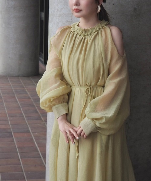 ワンピース open shoulder gather long dress /オープンショルダー
