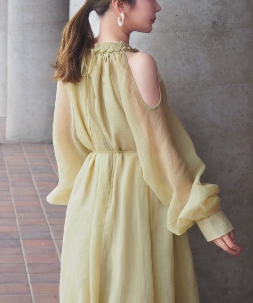 ワンピース open shoulder gather long dress /オープンショルダー