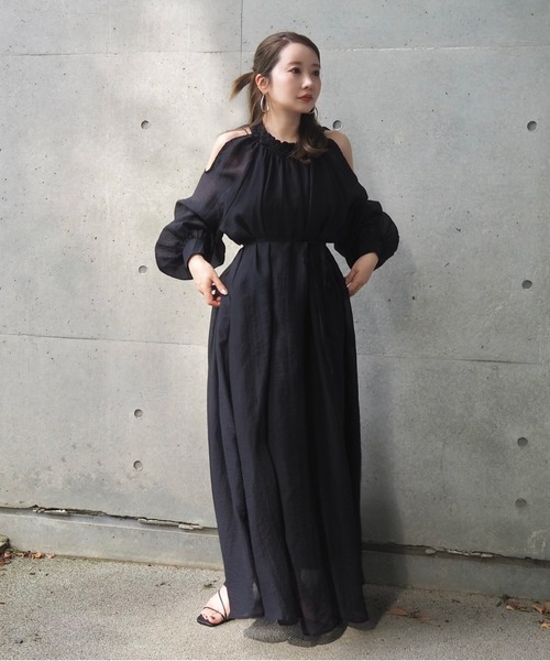 ワンピース open shoulder gather long dress /オープンショルダー