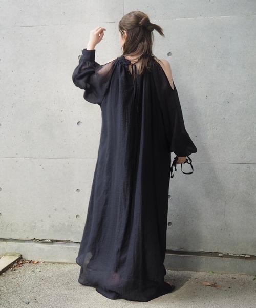 ワンピース open shoulder gather long dress /オープンショルダー