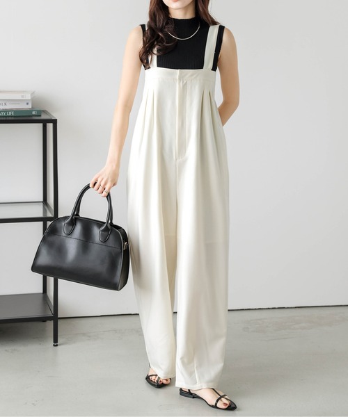 MACHATT ♡ノースリーブ タック入オールインワン サロペット白ホワイト Lajour サロペット オーバーオール 「日本製」タックデザイン