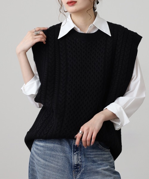 OMNES（オムネス） ベスト ジレ アクリルウール ケーブルニットベスト