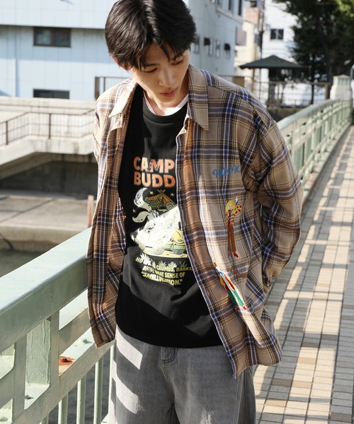 シャツ HOOK -original- レトロ古着風 キャラクター刺繍チェックシャツ