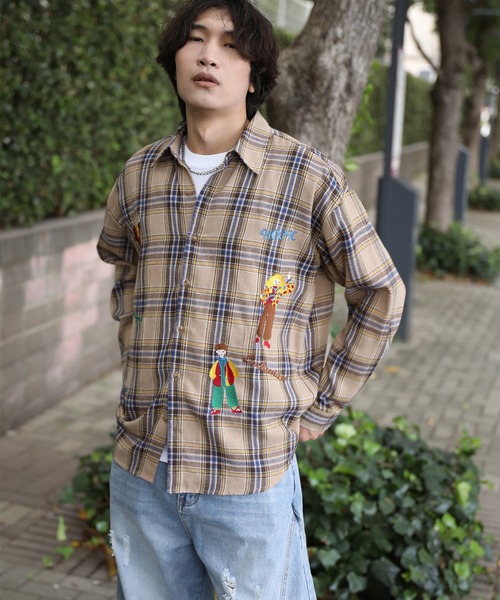 hooked vintage シャツ シャツ HOOK -original- レトロ古着風 キャラクター刺繍チェックシャツ