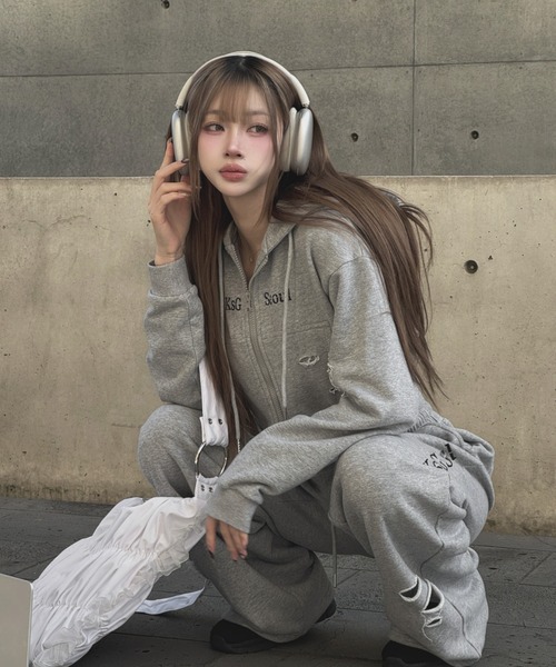 KsG セットアップ クロップドダブルジップダメージセットアップ