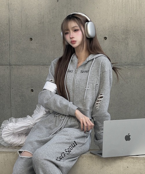 KsG セットアップ クロップドダブルジップダメージセットアップ