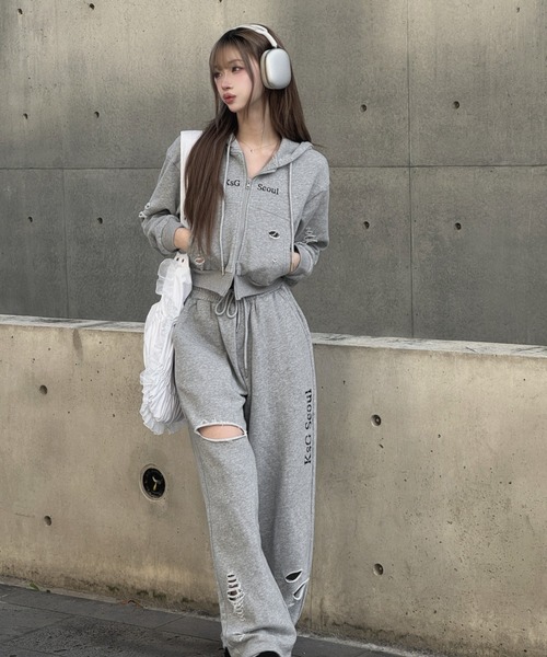 KsG セットアップ クロップドダブルジップダメージセットアップ