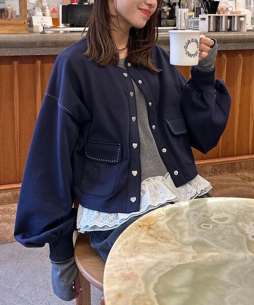 CIAOPANIC ハートボタン配色ステッチスウェットカーディガン CIAOPANIC（チャオパニック） tシャツ ハートボタン配色ステッチ