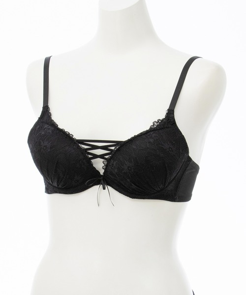N7 ブラック レースアップブラジャー Honeys（ハニーズ） ブラジャー ショーツセット レースアップブラ