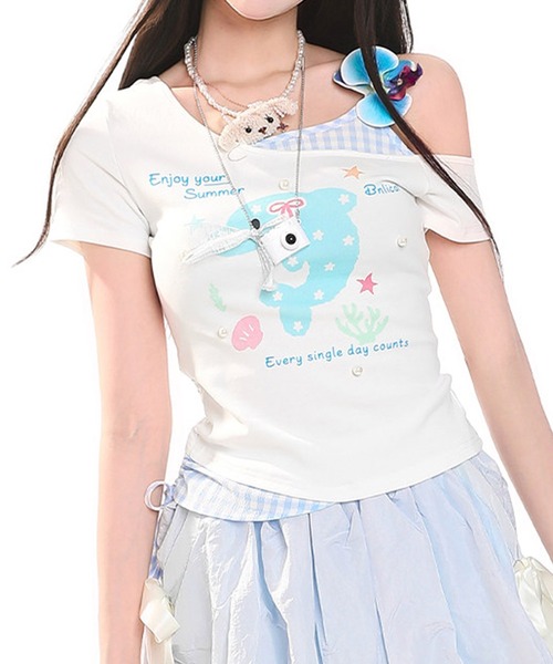 tシャツ 半袖 HOOK for girls 花ヘアクリップ付きイルカ× ギンガム切替
