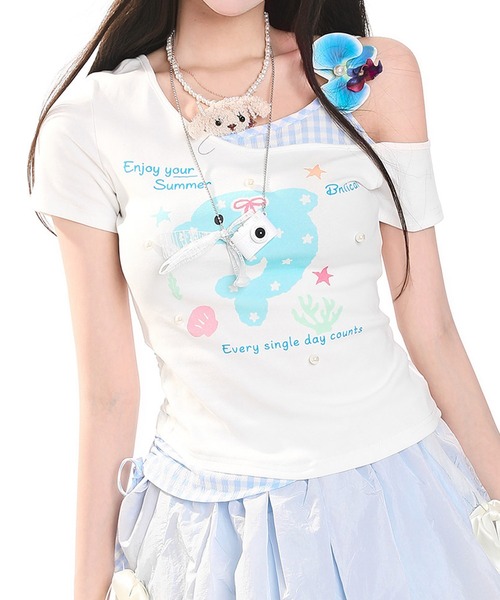 tシャツ 半袖 HOOK for girls 花ヘアクリップ付きイルカ× ギンガム切替