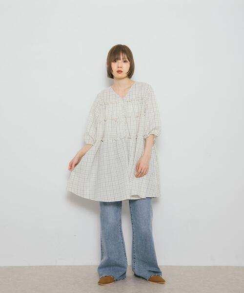 「KBF」 7分袖チュニック ONE ブラック レディース_画像9