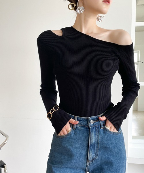 ニット セーター 肩あきリブニットトップス レディース : ZOZOTOWN