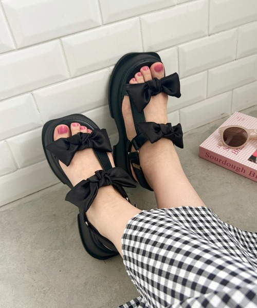 Loueme 厚底 サンダル ダブルリボン厚底スポーツサンダル レディース