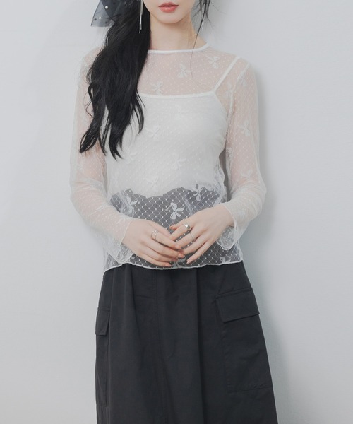 SAISON DE PAPILLON ブラウス シャツ リボン柄シアー生地
