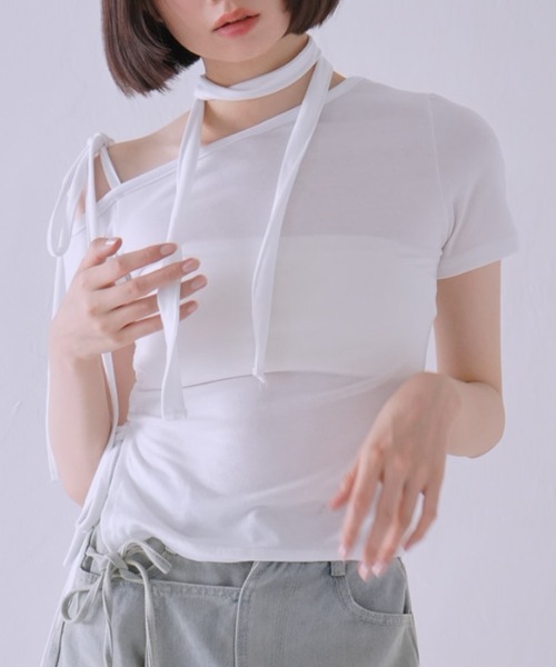 tシャツ 「ZOZO限定」ショルダー リボン トップス 半袖 カットソー スカーフ アシンメトリーデザイン オフショルダー レディース