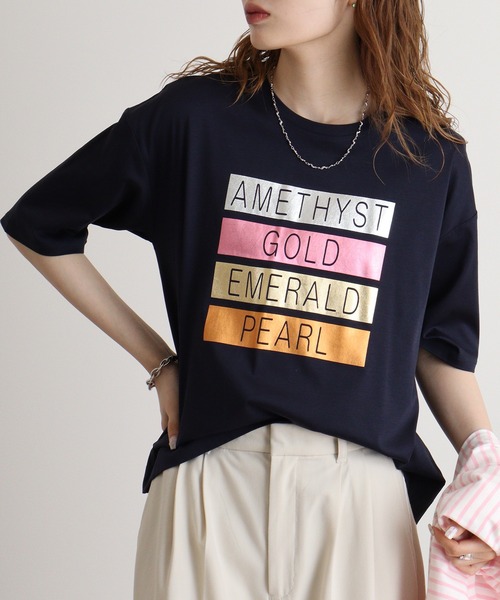 tシャツ BRODIAEA メタリック箔押し　スムースTシャツ レディース tシャツ BRODIAEA メタリック箔押し スムースTシャツ レディース