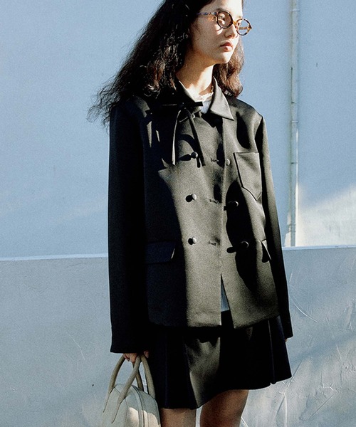 ステンカラーコート コート リボン付き襟 ダブルブレストサテン