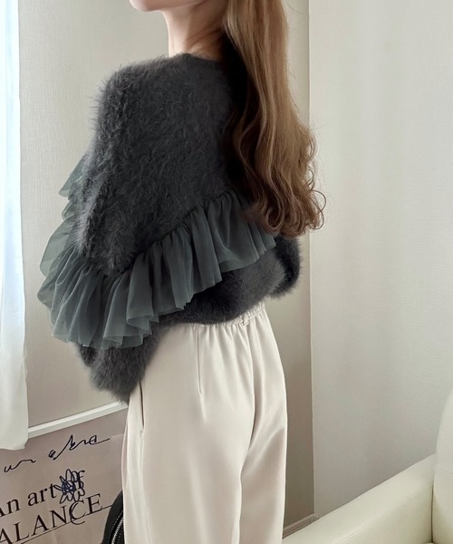 E様♡OBLI チュールフリルニット She's Closet ニット セーター レイヤードフリルビスチェ風チュール