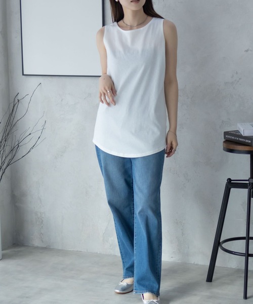 if ノースリーブロングタンク クリーム色 サイズ0 NAVY（ファッション） タンクトップ ノースリーブ 「 綿100