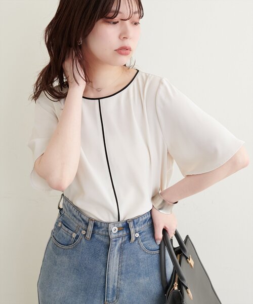 natural couture ブラウス シャツ バイカラーフレア袖ブラウス