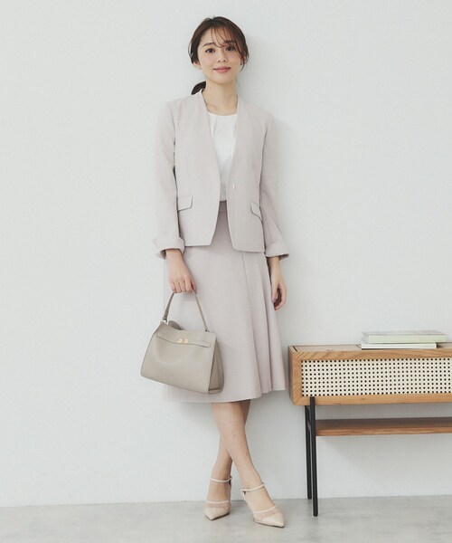 icb ウォーム　ジョーゼット　ノーカラージャケット　セットアップ　カーキ　42 icb ウォーム ジョーゼット ノーカラージャケット セットアップ カーキ 42