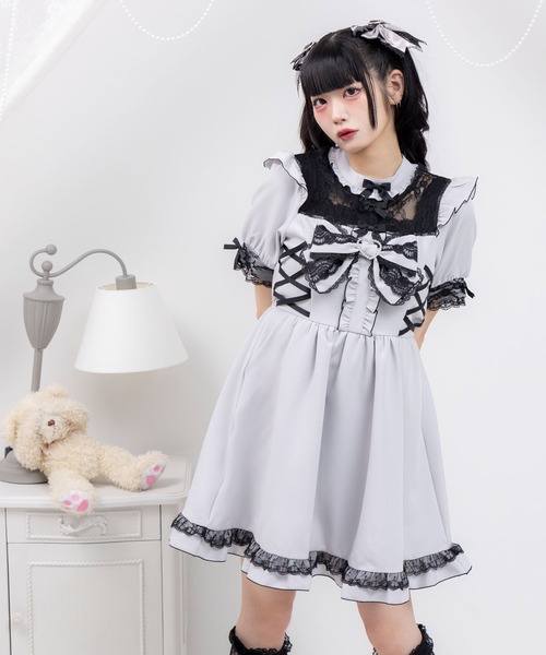 DearMyLove ワンピース ハートビジューリボンヨークフリルサイドレース